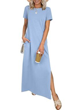 Women's Light Blue Crewneck Summer Casual Maxi Short Sleeve Split Long Dress